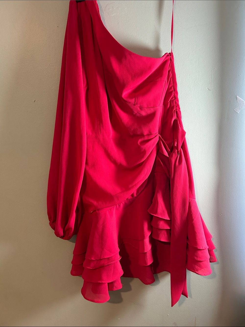 One-Shoulder Ruffle Mini Dress - Bright Fuchsia - Picture 3 of 7